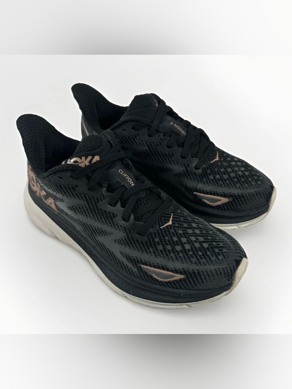 HOKA Clifton 9 Women's Running Shoes Black Rose Gold Athletic Sneakers US 6